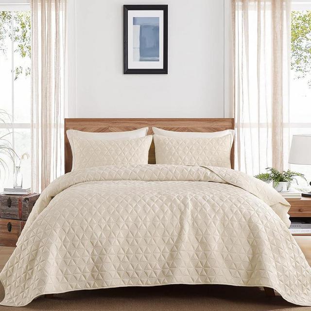 DJY Beige Queen Quilt Set, Lightweight Soft Bedspread Queen Quilt, Geometric Queen Quilt Bedding Set Bedspread Coverlet for All Seasons
