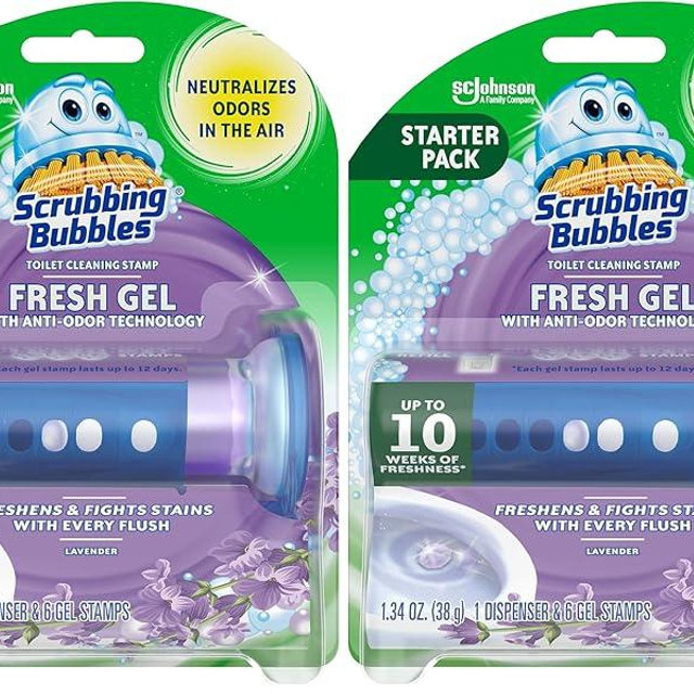 Scrubbing Bubbles Fresh Gel Toilet Bowl Cleaning Stamps, Helps Keep Toilet Clean and Helps Prevent Limescale & Rings, Lavender Scent, 1 Dispenser with 6 Fresh Gel Stamps (Pack of 2)