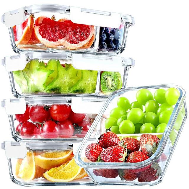 VERONES 5 Pack Glass Meal Prep Containers 2 Compartment Set, 36OZ Airtight Glass Lunch Containers, Food Storage Containers with Lids, for Microwave, Oven, Freezer & Dishwasher Friendly,White
