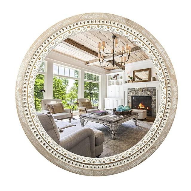 Reflinto 24" Round Decorative Wall Hanging Mirror,Rustic Distressed Natural Wooden Farmhouse Frame Decor with White Wash Beads & Pattern for Bedroom, Bathroom,Living Room or Entryway