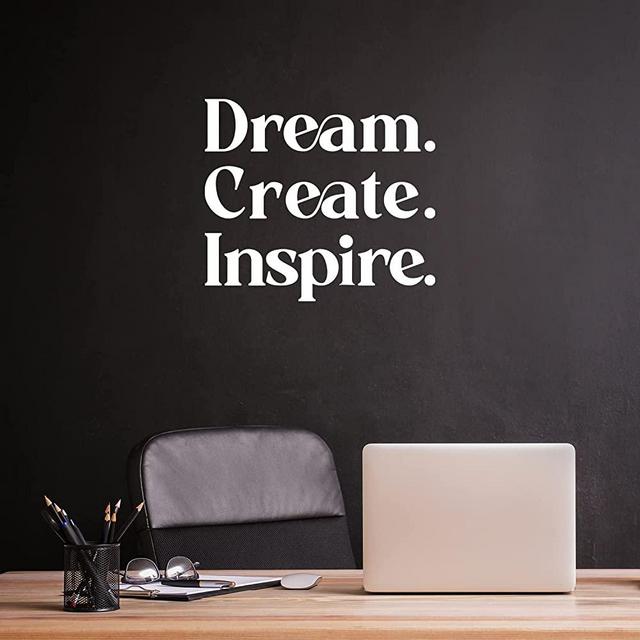 Vinyl Wall Art Decal - Dream Create Inspire - 10.5" x 12" - Trendy Inspirational Positive Vibes Quote Sticker for Home Playroom Office Classroom Coffee Shop Library Decor (White)