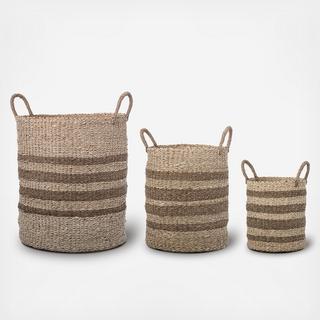 Striped Seagrass & Palm Baskets with Handles