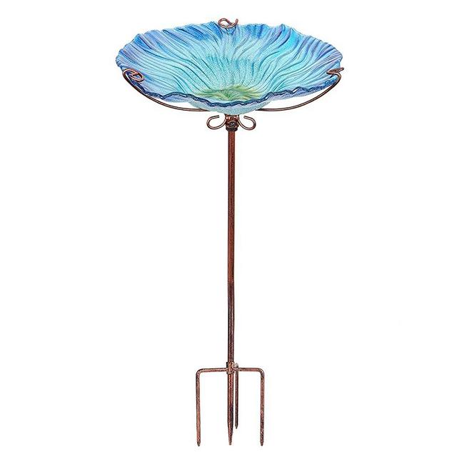 MUMTOP 26 Inch Height Glass Birdbath Birdfeeder with Metal Stake Garden Outdoor Blue
