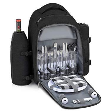 Gonex Picnic Backpack Bag for 4 Person with Insulated Cooler Compartment, Fleece Blanket, Detachable Wine Holder, Cutlery Set (Black)