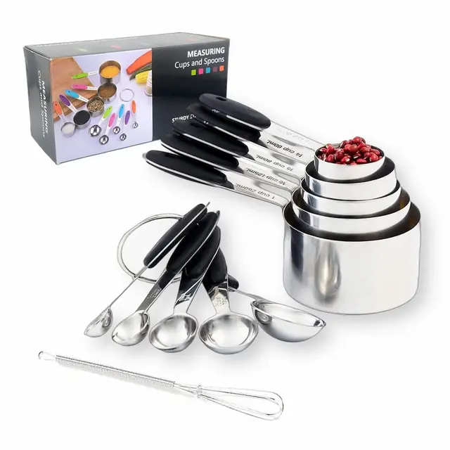 Modern Design Nesting Measuring Cups & Spoons Set BLACK Plus Mini Whisk 11-Pc Set Stainless Steel