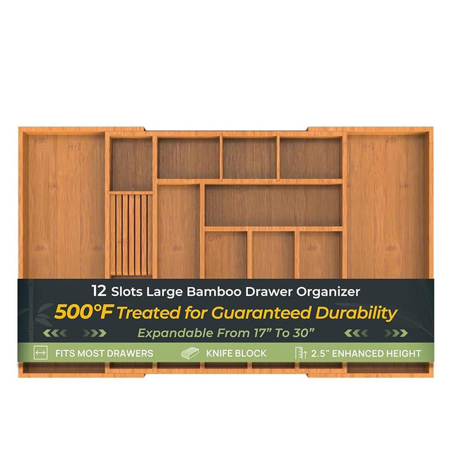 keechee Carbonized Large Bamboo Kitchen Drawer Organizer, 12 Slots Expandable Silverware Organizer, Utensil Holder & Cutlery Tray, 2.5" Deep for Extra Capacity, Non-Slip Feet Included