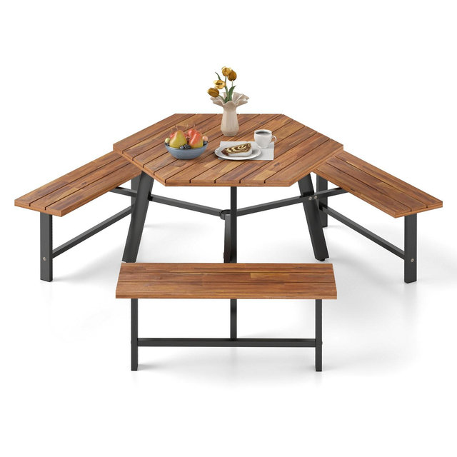 Costway 6 Person Acacia Wood Picnic Table Bench Set w/3 Seats Umbrella Hole Metal Frame