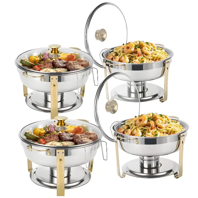 Warmounts 5QT 4-Pack Gold Accent Round Chafing Dish Buffet Set Food Warmer with Glass Lids & Holders