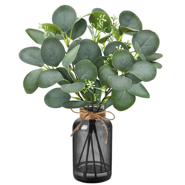 Der Rose 13.5" Fake Plants for Black Bathroom Decor Artificial Eucalyptus Stems in Black Glass Vase with Faux Water for Office Desk Accessories Home Table Centerpiece Decor（Sage Green）