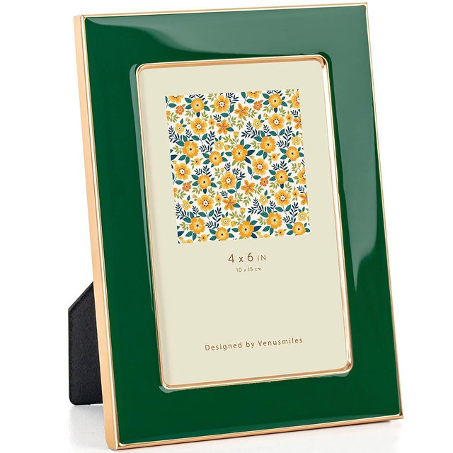 Venusmiles 4x6 Enamel Picture Frame, Gold Metal Edge with Easel, Real Glass Photo Frame for Wall and Tabletop Display Family Office Photo Gallery, Green Enamel/1pc