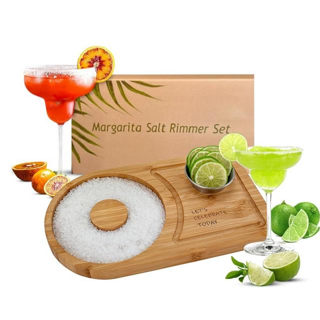 Margarita Salt Rimmer Set for up to 6" Rims - Bamboo 'Let's Celebrate Today' Wood Margarita Rimmer Set w/Bowl & Room for Margarita Accessories- Margarita Sugar Rimmer for Cocktails