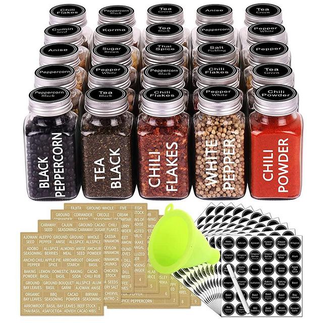 SWOMMOLY 25 Glass Spice Jars 6 oz Empty Square Spice Bottles with 703 Spice Labels, Chalk Marker and Funnel Complete Set. Spice Containers with Airtight Cap, Pour/sift Shaker Lid