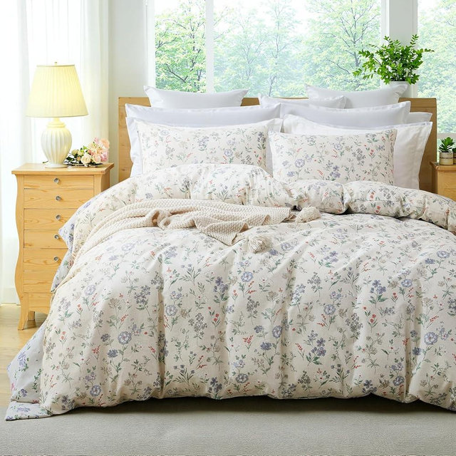 Cozaline Floral Duvet Cover Set Queen Size 100% Cotton Green Floral Comforter Cover 3 Pcs Lightweight Soft Aesthetic Floral Bedding Sets