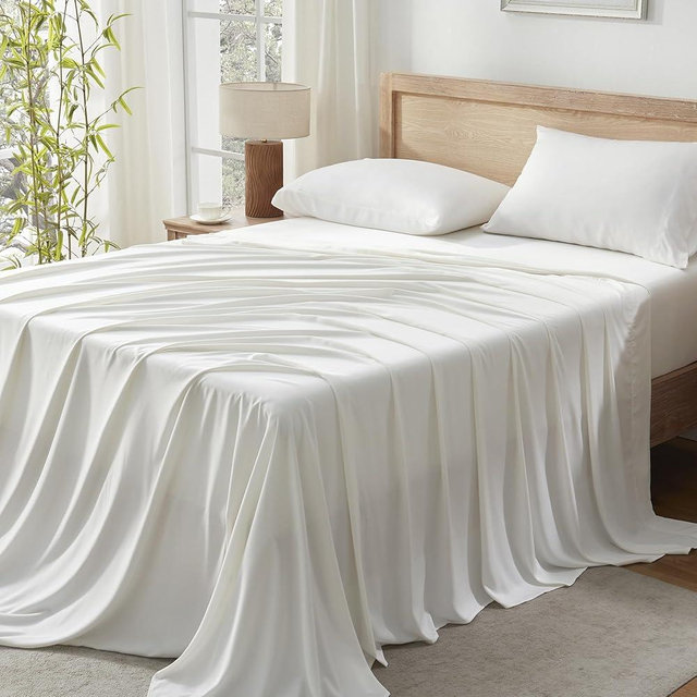 Andency Ivory Queen Sheets Set, 100% Viscose Derived from Bamboo, Cooling Bed Sheets Queen Size, Deep Pocket Up to 16", Silky Soft Sheets, Hotel Luxury Breathable Bedding Sheets & Pillowcases