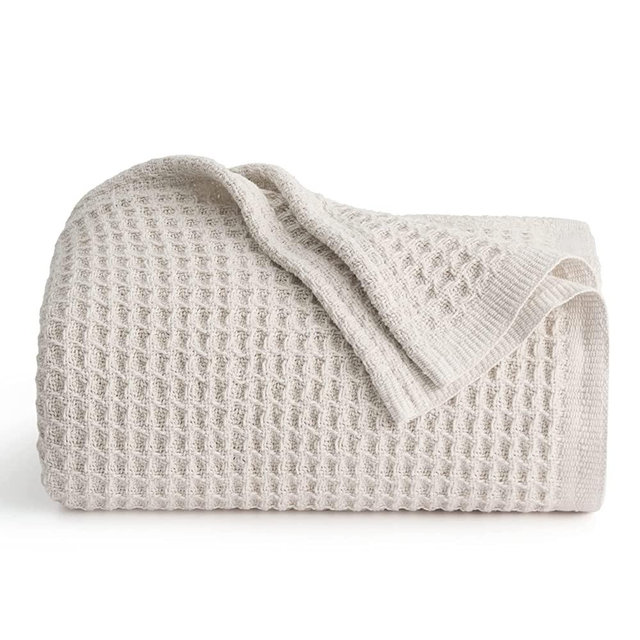 Bedsure 100% Cotton Blankets Twin XL Size for Bed - 405GSM Waffle Weave Blankets for Summer, Cozy and Warm, Light Khaki Soft Lightweight Woven Blankets for All Seasons, 66x90 inches