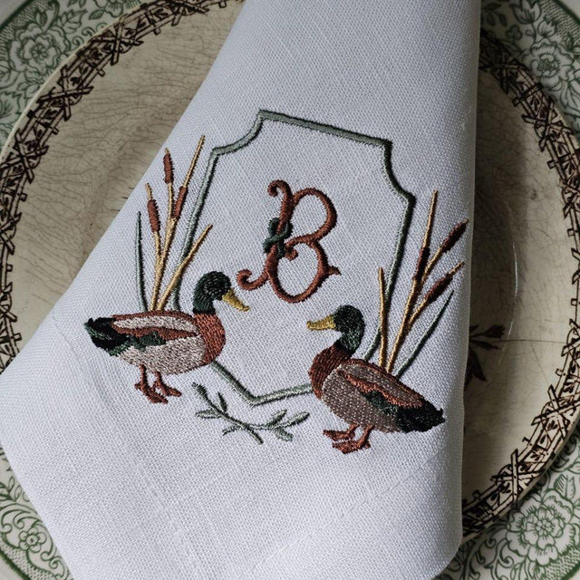 Embroidered Linen Napkin: Custom Monogram & Duck Design