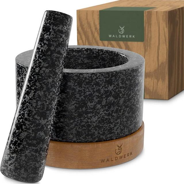 WALDWERK Mortar and Pestle - Mortar and Pestle Set with Anti-Scratch Acacia Wood Base - Mortar with Pestle Made of Natural Granite - Medium Sized Mortar and Pestle - Ideal for Guacamole
