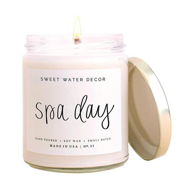 Sweet Water Decor Spa Day Candle | Sea Salt, Jasmine, and Wood Relaxing Scented Soy Wax Candle for Home | 9oz Clear Glass Jar, 40 Hour Burn Time, Made in the USA