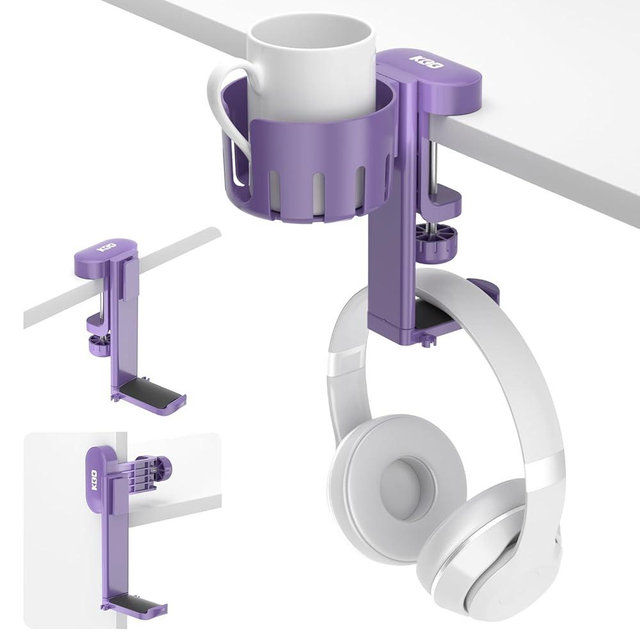 KDD 2 in 1 Headphone Hanger with Desk Cup Holder - Under Desk Clamp Rotatable Headset Holder - Suitable for Coffee Mups, Water Cups, Headphone(Purple)