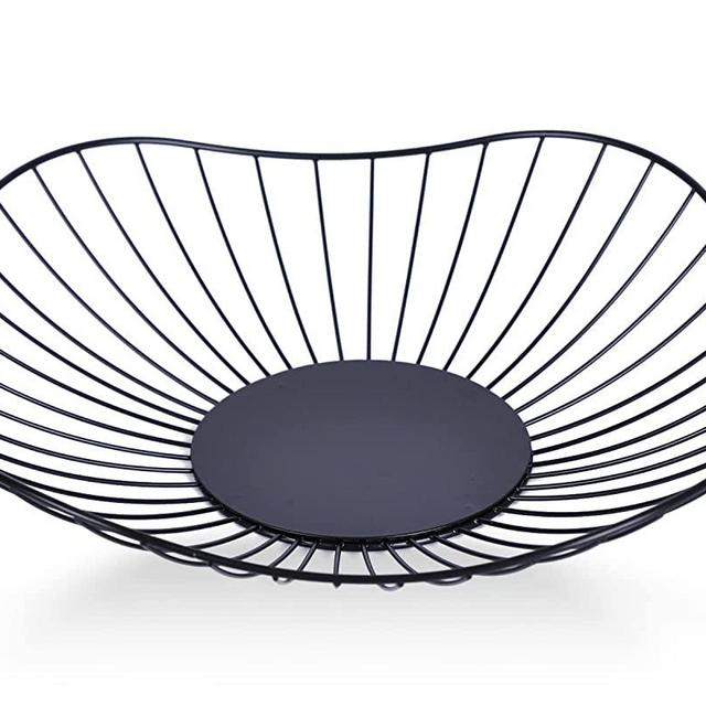 IBWell Short Curved-Edge Modern Creative Stylish Single Tier Dish,Metal Iron Wire Fruit Vegetables Bread Decorative Stand Serving Bowls Basket Holder (Black)