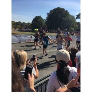 Crossing the finish line at during first marathon together. Marine Corps Marathon, October 2017