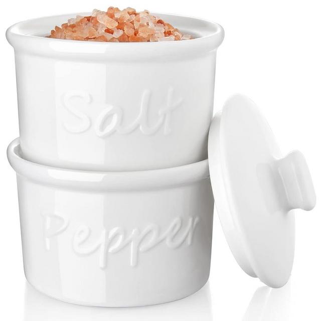 ALELION Salt and Pepper Bowls, 9 Ounce Ceramic Salt and Pepper Cellar with Lid for Kitchen, Stackable Salt Cellar for Table Salt, Set of 2 Salt Container, White