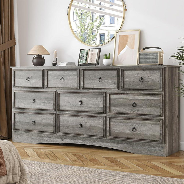 Bigbiglife 10-Drawer Dresser, Modern Wooden Storage Chest of Drawers, Dresser TV Stand, Solid Wood Drawer Organizer with Metal Handles for Bedroom, Living Room, Hallway (Grayish Brown, 10 Drawers)