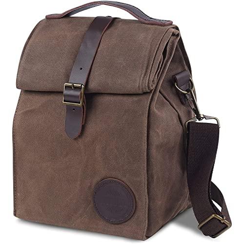 Insulated Waxed Canvas Lunch Bag by ASEBBO, 10L Lunch Box for Women, Men with Genuine Leather Handle and Strong Buckle-Closure to Keep Your Food Cool, Lunch Tote, Adjustable Strap (Brown 2.0 IMPROVED)
