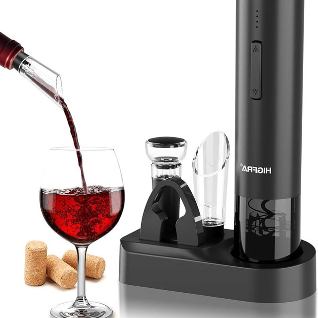 Electric Wine Opener Gift Set – Rechargeable Automatic Corkscrew with Aerator, Vacuum Seal Stoppers, Foil Cutter & Storage Base – 6-in-1 Wine Bottle Opener Kit for Wine Lovers, Women & Men