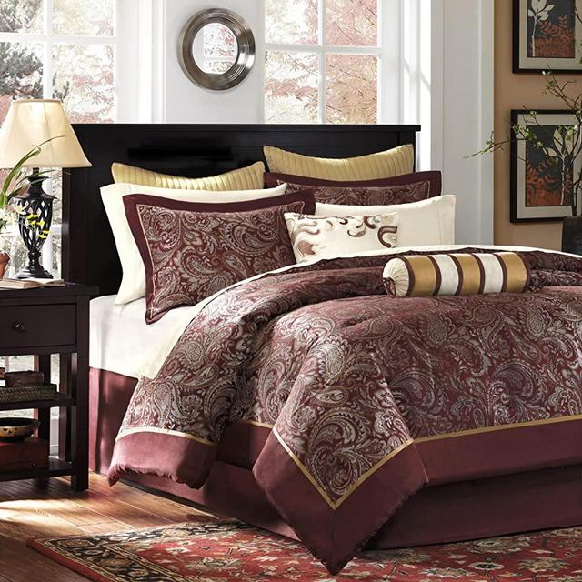 Madison Park Aubrey King Size Bed Comforter Set Bed In A Bag - Burgundy , Paisley Jacquard – 12 Pieces Bedding Sets – Ultra Soft Microfiber Bedroom Comforters