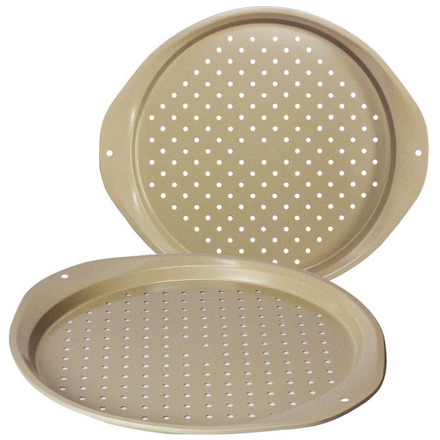 Wokic Pizza Pan 14-Inch Non-Stick Large with Perforated Round Carbon Steel Pizza Baking Pan, suitable for home and restaurant use. 2-Piece,Pizza Tray - Dishwasher Safe (Gold)