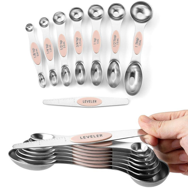 Spring Chef Magnetic Measuring Spoons Set, Dual Sided, Stainless Steel, Fits in Spice Jars, Toasted Almond, Set of 8, 2 Pack