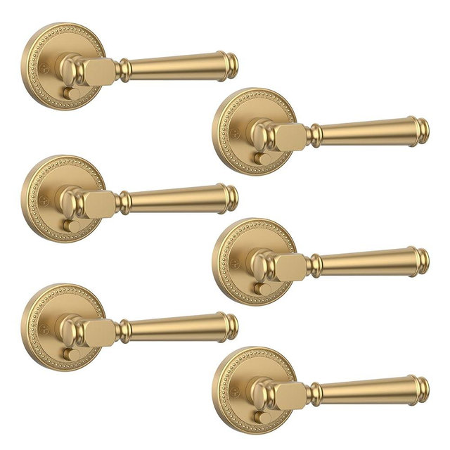 Amerdeco 6 Pack Champagne Bronze Privacy Door Handles, Champagne Bronze Interior Door Knobs,Heavy Duty Door Lever for Bedroom and Bathroom, Reversible Keyless for Right & Left Side AM0034