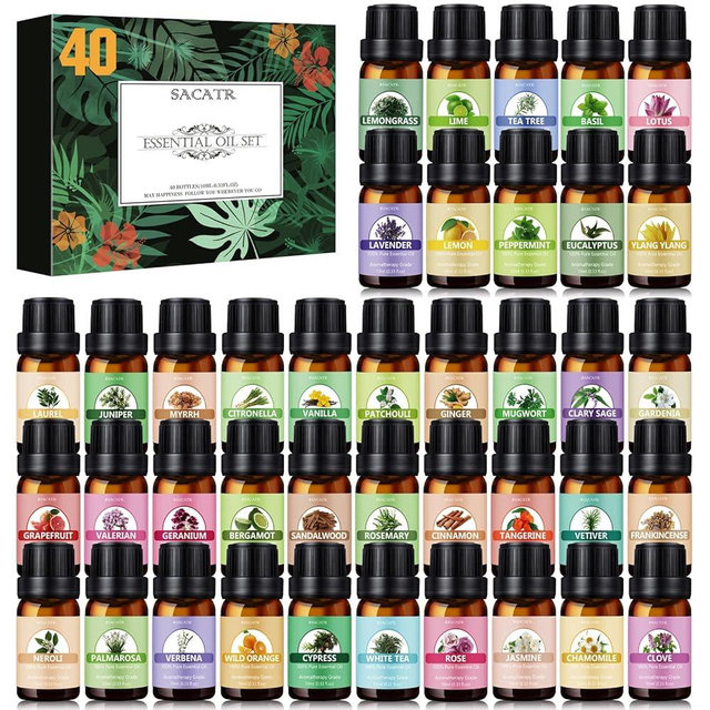 SACATR Essential Oils Set - Natural Essential Oils - Perfect for Diffuser, Humidifier,Aromatherapy, Massage,Skin & Hair Care, DIY Candle and Soap Making(40 * 10 ML)