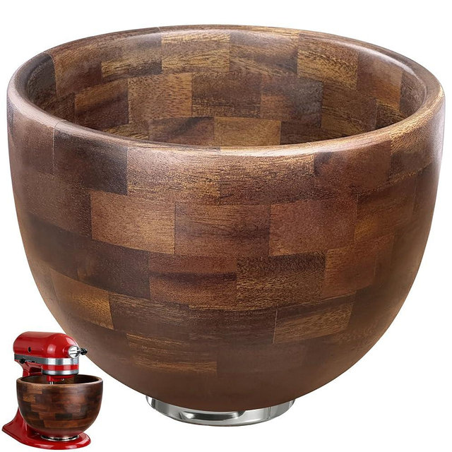 Premium Walnut Wood Mixing Bowl, Compatible with KitchenAid 4.5 & 5 QT Tilt-Head Mixers, Natural True Walnut Wooden Bowl with Stainless Steel Locking Base, 5QT