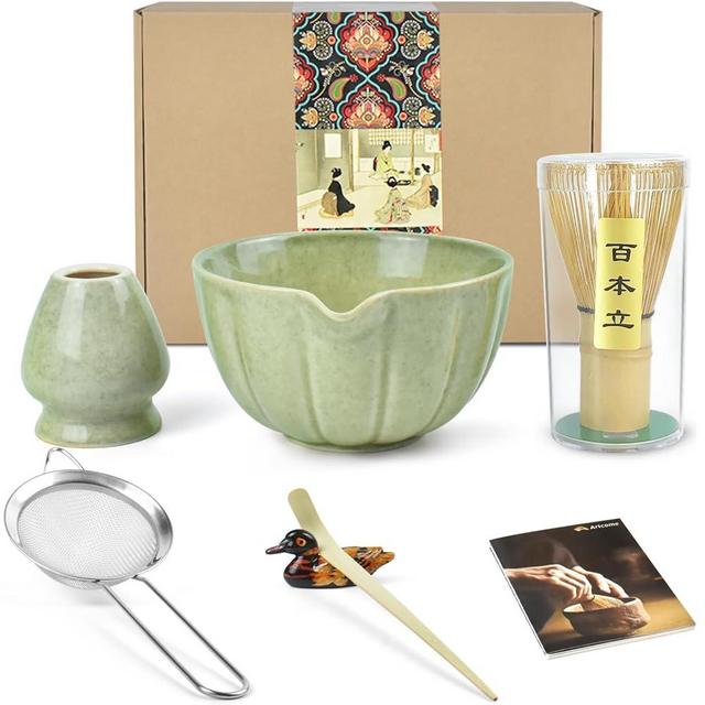 Artcome 6 Pcs Japanese Matcha Tea Set, Matcha Bowl with Pouring Spout, Matcha Whisk, Tea Scoop, Whisk Holder, Handmade Matcha Ceremony Kit For Japanese Tea Ceremony