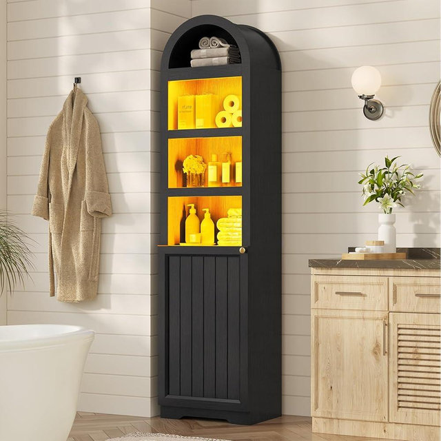 UPOSOJA 72" Tall Arched Narrow Bathroom Storage Cabinet with Lights, Slim Storage Cabinet with Adjustable Shelves for Small Spaces, Farmhouse Style (Black)