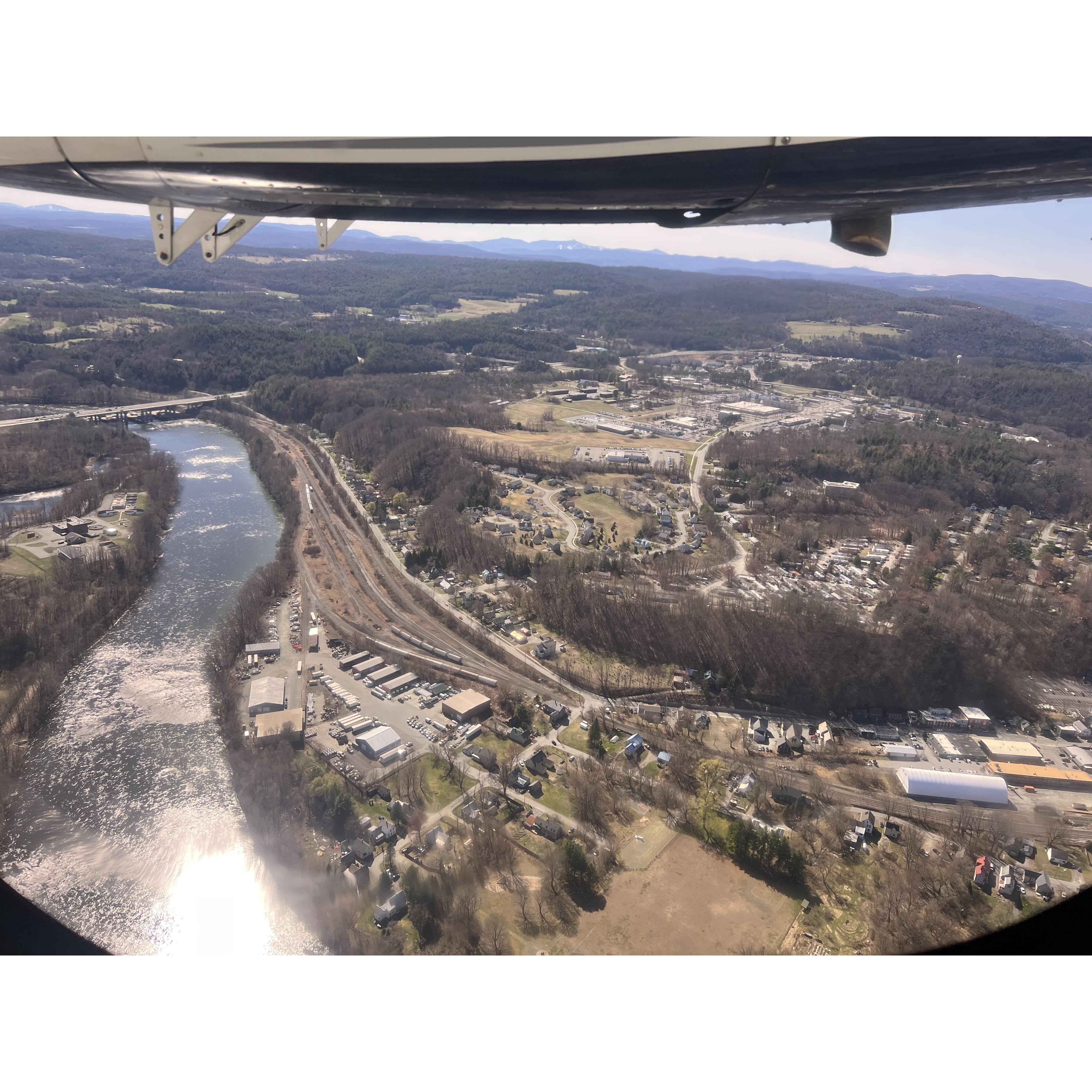 Our view of White River Junction, Vermont from the Cape Air airplane departing Lebanon Airport.