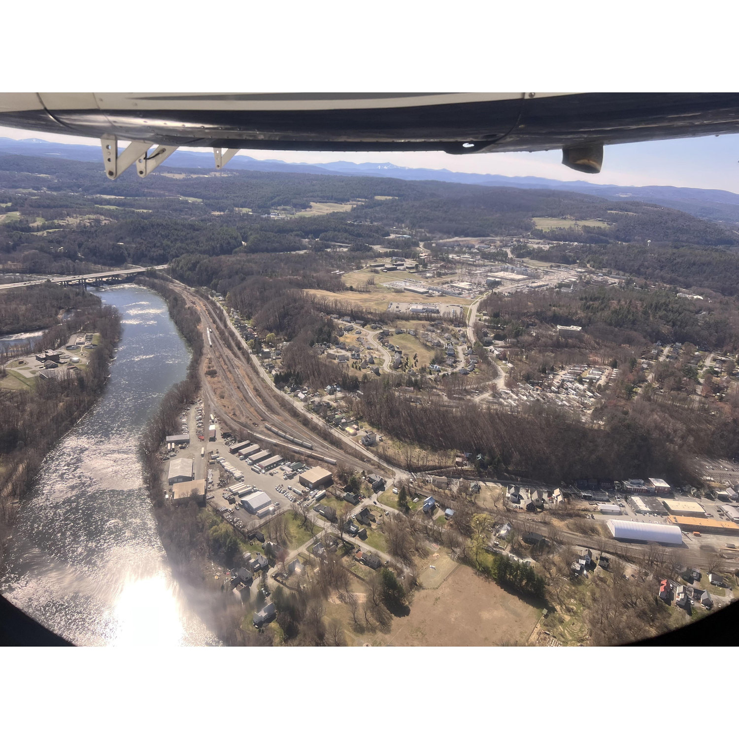 Our view of White River Junction, Vermont from the Cape Air airplane departing Lebanon Airport.