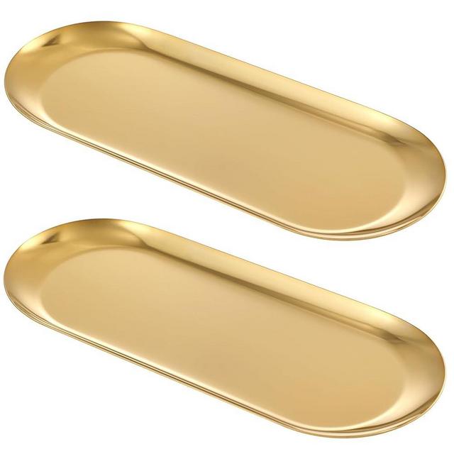 2PACK Gold Decorative Tray, Bathroom Vanity Tray for Dresser Counter, Kitchen Sink Tray for Soap Dispensers, Stainless Steel Jewelry Tray, Perfume Ring Key Candle Organizer Tray, Oval