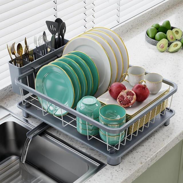 Hiviweer Dish Drying Rack - Space-Saving Dish Rack,Dish Racks for Kitchen Counter with Drainboard, Rustproof Dish Drainer with a Large 4-Compartment Utensil Holder,Gray&White