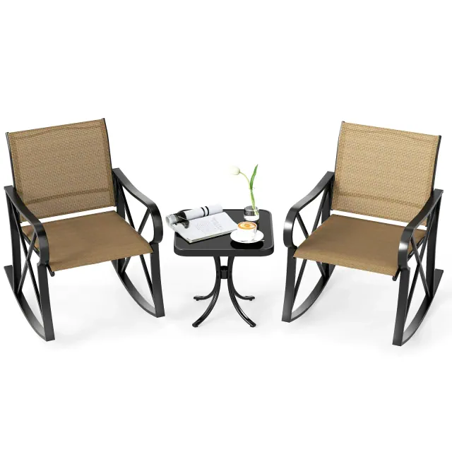 Costway 3 Piece Patio Rocking Set 2 Rocking Chairs w/ Tempered Glass Side Table Brown
