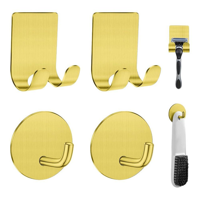 Diesisa Razor Holder for Shower + Adhesive Wall Hooks, Premium 304 Stainless Steel Shower Razor Holder with Heavy Duty Waterproof Sticky Hooks for Hanging Towels, Coat, hat (2+2 Pack)-Gold
