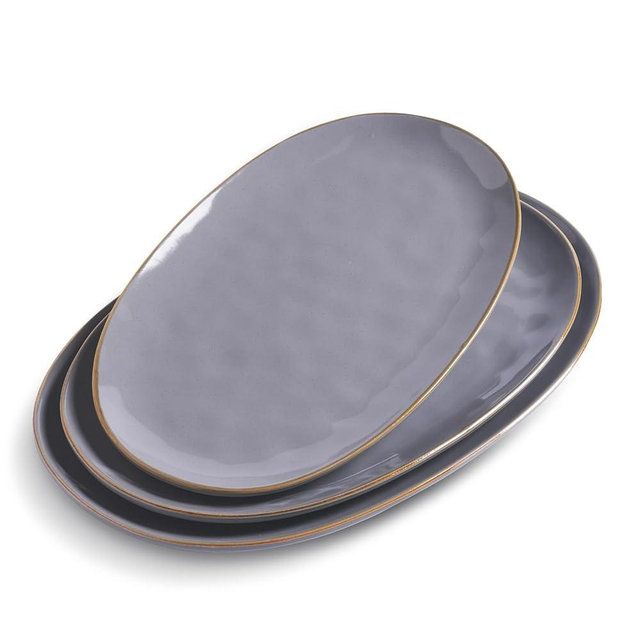 famiware Serving Platter, Oval 15.59/14.3/12.9 inch Serving Dishes for Entertaining, Serving Bowls, Microwave Safe, Fine Stonware Serving Trays for Party, Turkey, Cheese, Ocean Series, Dark Grey