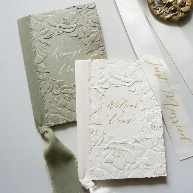 Personalized Wedding Vow Book, 3D Embossed Floral Handmade Paper, Pre-Tied Ribbon, Elegant Bride Groom Vows, Wedding Keepsake Gift