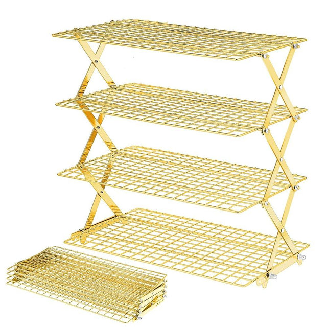 BEWOS 4 Tier Collapsible Cooling Rack - Adjustable Stainless Steel Baking Rack with Mesh Leak Proof，Foldable X-Shaped Structure Cooling Racks for Cooking and Baking, Dishwasher Safe（Gold）
