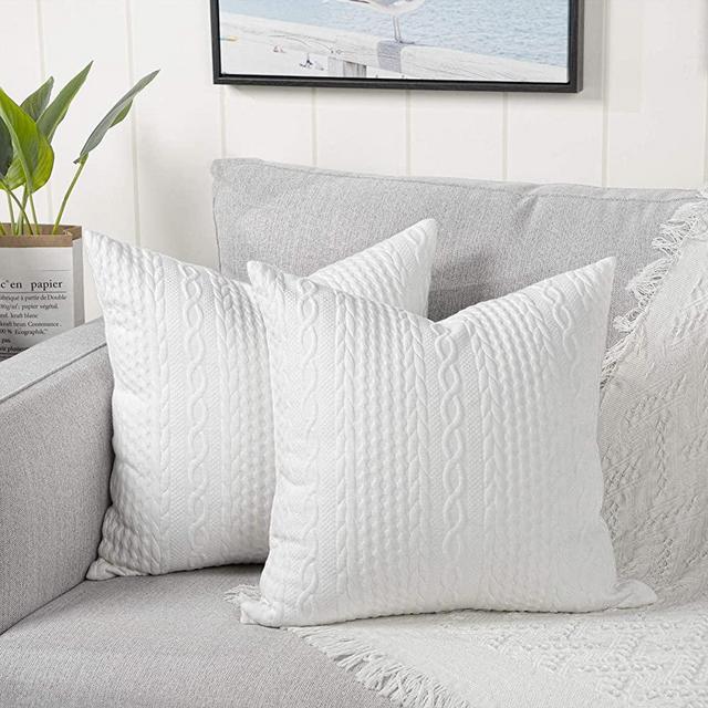 YAERTUN Set of 2 Super Soft Decorative Throw Pillow Covers Square Cushion Cases Pillowcases for Couch Sofa Bedroom Car Modern Embossed Patterned,18 x 18 inch,White