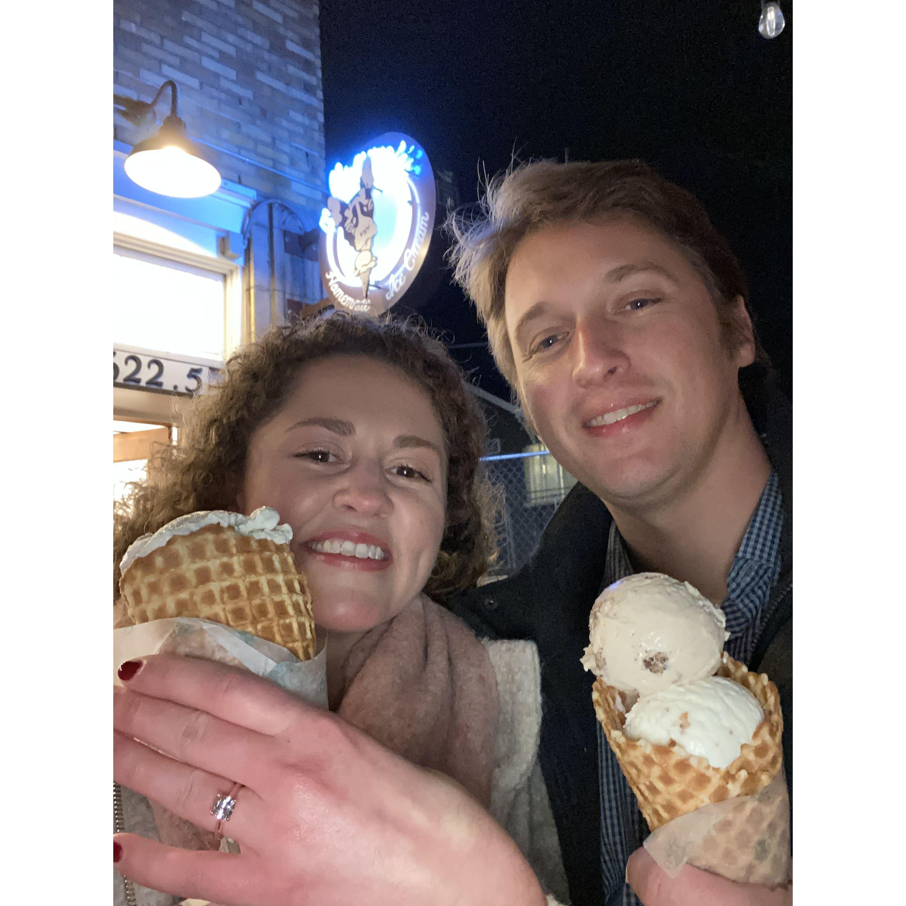 The night of our engagement! Celebrating at our favorite ice creamery. 