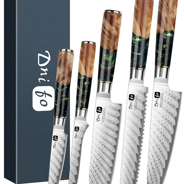 5 Pieces Damascus Knife Set, Japanese Chef Knife Set with Galaxy Pattern Resin Handle, 67-Layers Damascus Steel, Gift Box Included 5" Paring, 6" Boning, 7" Santoku, 8" Chef & 8" Bread Damascus Knives