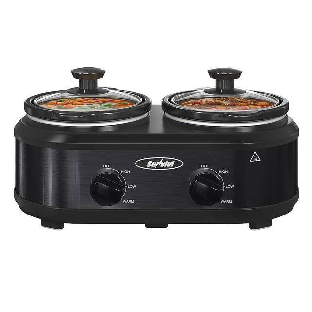 Sunvivi Double Slow Cooker,2 Pot Small Mini Crock Buffet Servers and Warmer,Dual Pot Oval Manual Slow Cooker with Adjustable Temp Removable Ceramic Pot,Stainless Steel, Total 2.5 Quarts Black